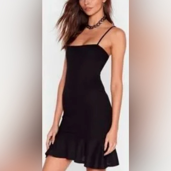 Nasty Gal Black minimalist Bodycon Spaghetti Strap Mini Flutter Dress size XS - Picture 1 of 7